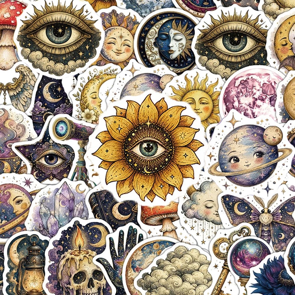 10/30/50pcs Retro Bohemian Style Moon Sun Stickers Astrology Crystal Aesthetic Sticker DIY Scrapbook Luggage Phone Decals Decor