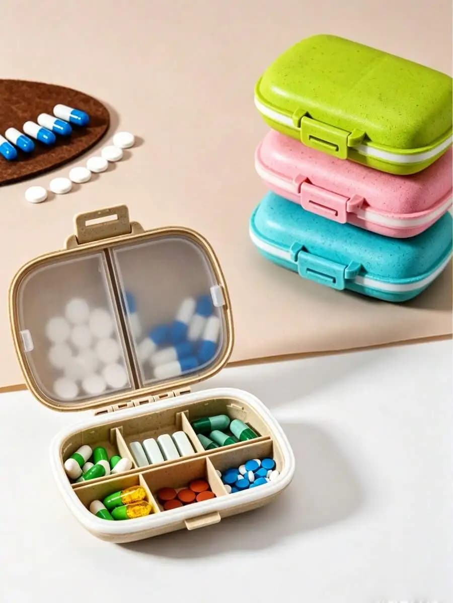 1 scatola portatile per medicinali, scatola per la conservazione dei medicinali da viaggio. Presenta un design compartimentato, adatto per trasportare e conservare farmaci, vitamine e integratori a base di olio di pesce. Ha un scomparto portaoggetti pieghevole a doppio strato.
