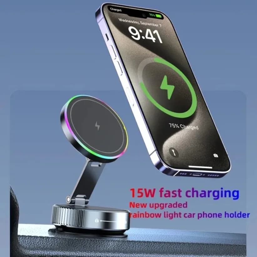 Supporto per ventosa per vuoto di raffreddamento Supporto per telefono per caricabatterie wireless per auto magnetico potente RGB per iPhone 16 15 14 13 12 Ricarica rapida