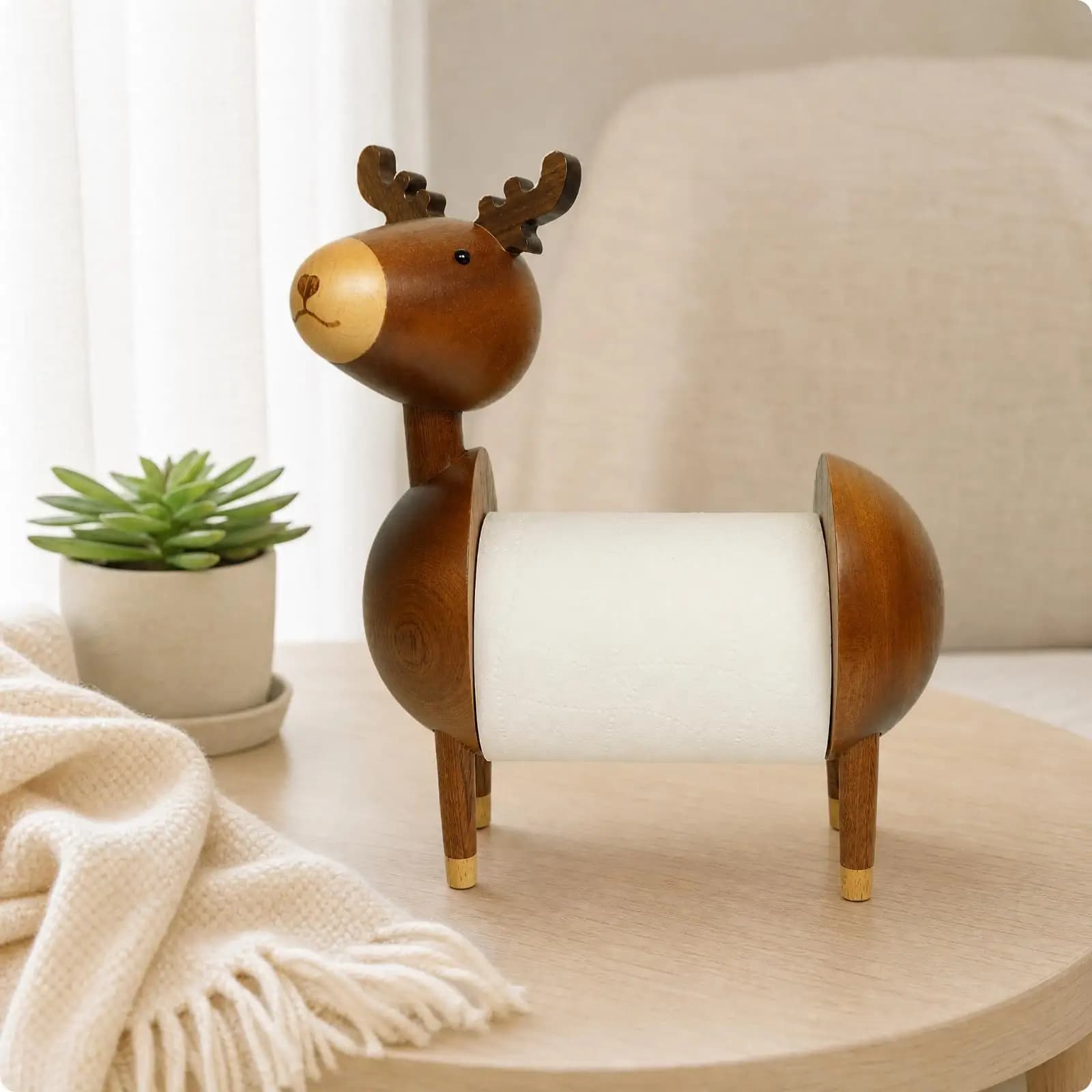 Antler Design Wooden Tissue Holder for Bathroom Counter Freestanding Reindeer Toilet Paper Stand Creative Decor
