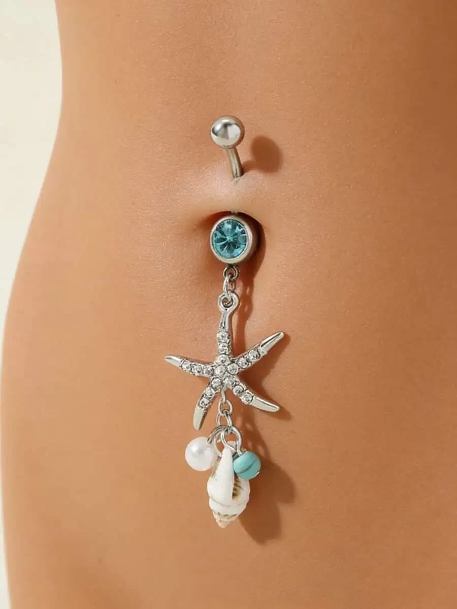 Anello da ombelico pendente a forma di stella marina in cristallo turchese con perla e ciondolo a conchiglia per la spiaggia o l'uso quotidiano