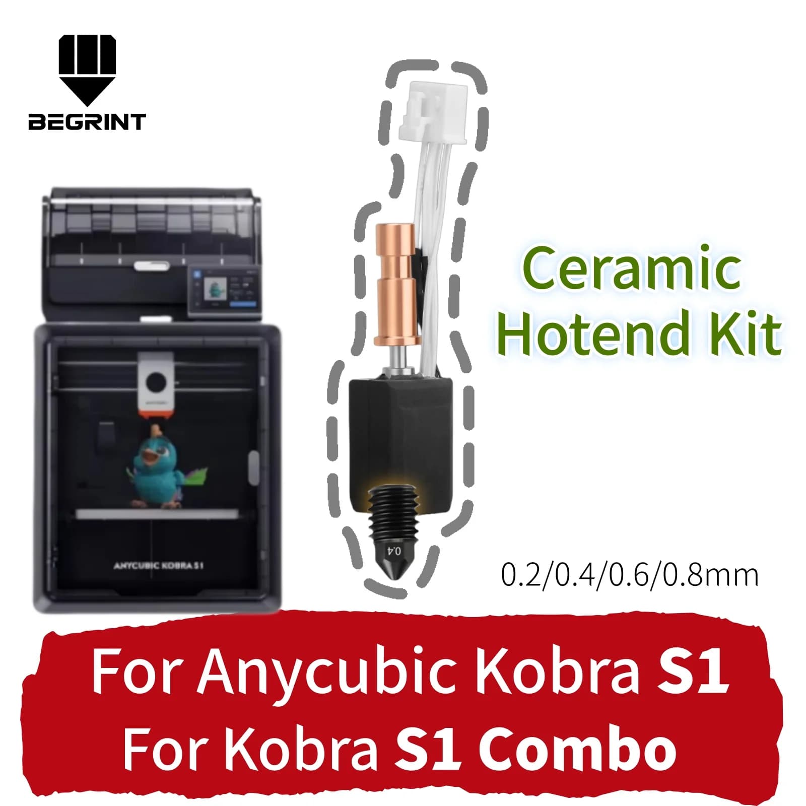 Kit Hotend Aggiornato per Anycubic Kobra S1/S1 Combo, Nuovo Ugello da 0.2/0.4/0.6/0.8mm, Hot End in Ceramica a Riscaldamento Rapido, Parti per Stampante 3D