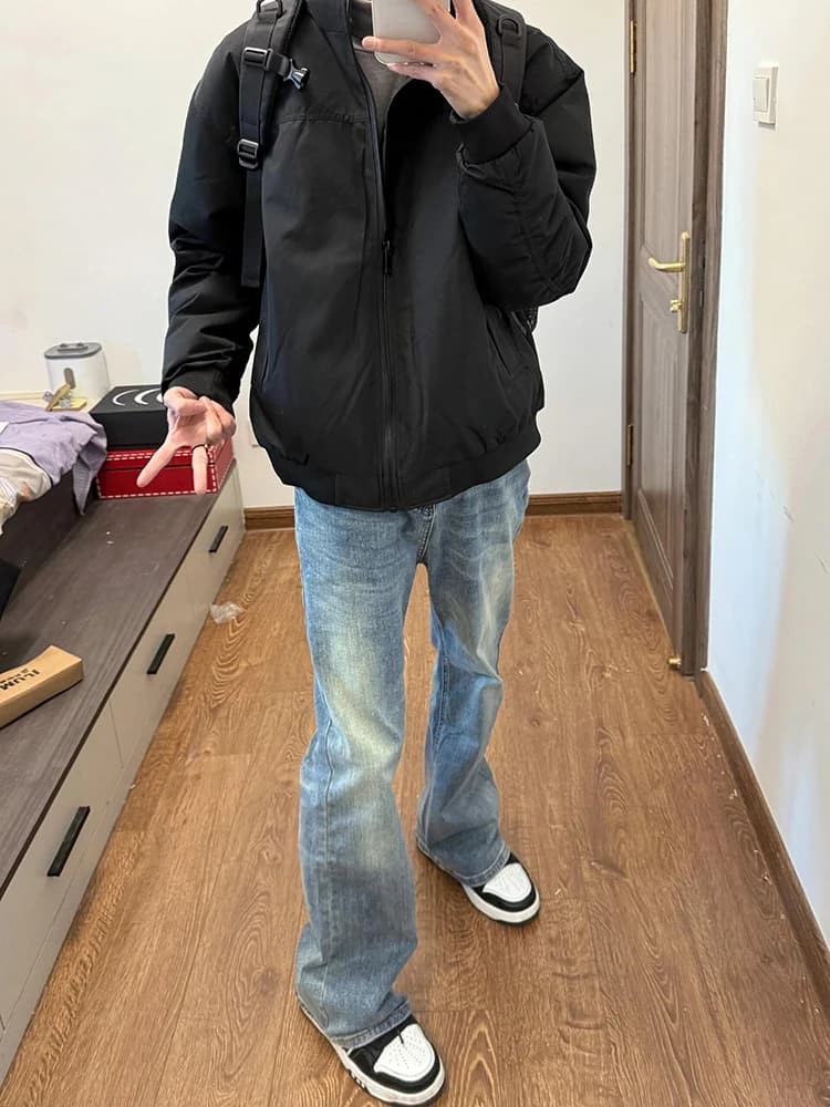 Light Blue Fleece Lined Thick Denim Jeans Men's Autumn Winter American Vibe Bent Knife Pants Not Legging Straight Flared Pants