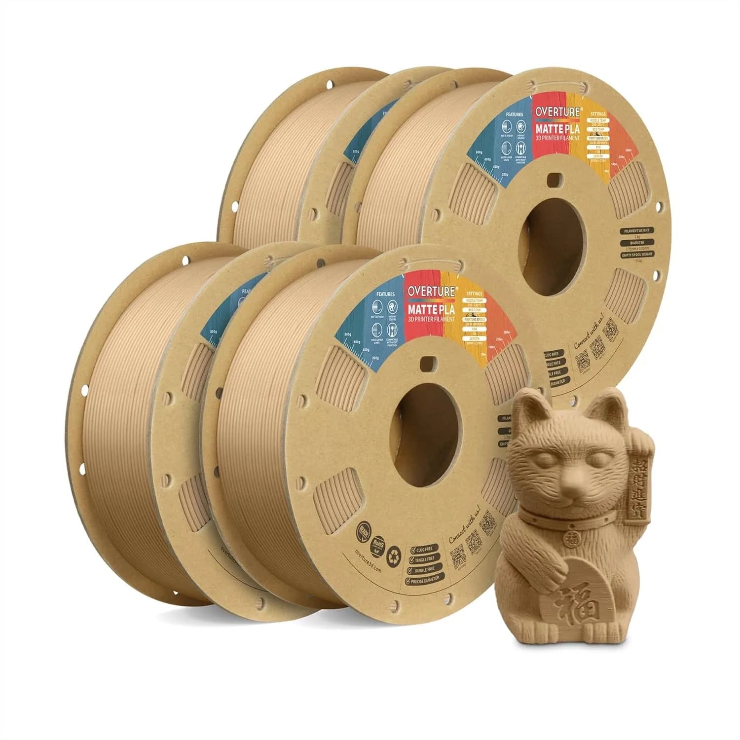 Filamento PLA Opaco per Stampante 3D 1.75mm, Confezione da 4kg con Superficie Opaca e Bassa Deformazione, 4 Bobine (2.2 libbre ciascuna), Compatibile con la Maggior Parte delle Stampanti FDM