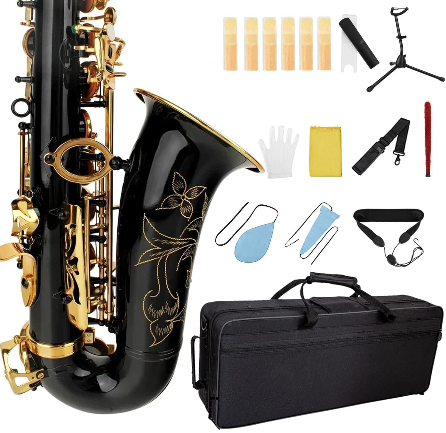 Black Gold Eb Alto Saxophone for Beginners Adults Brass E Flat Key Type Saxophone Woodwind Instrument with Case Strap Glove Part