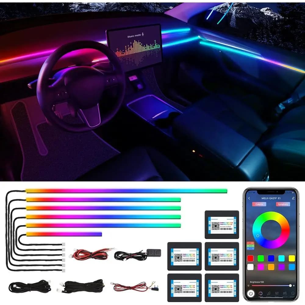 RGB 6-in-1 Acrylic Interior LED Strip Light, 175 600 LEDs, Sound-Activated, Car Ambient Lighting Kit