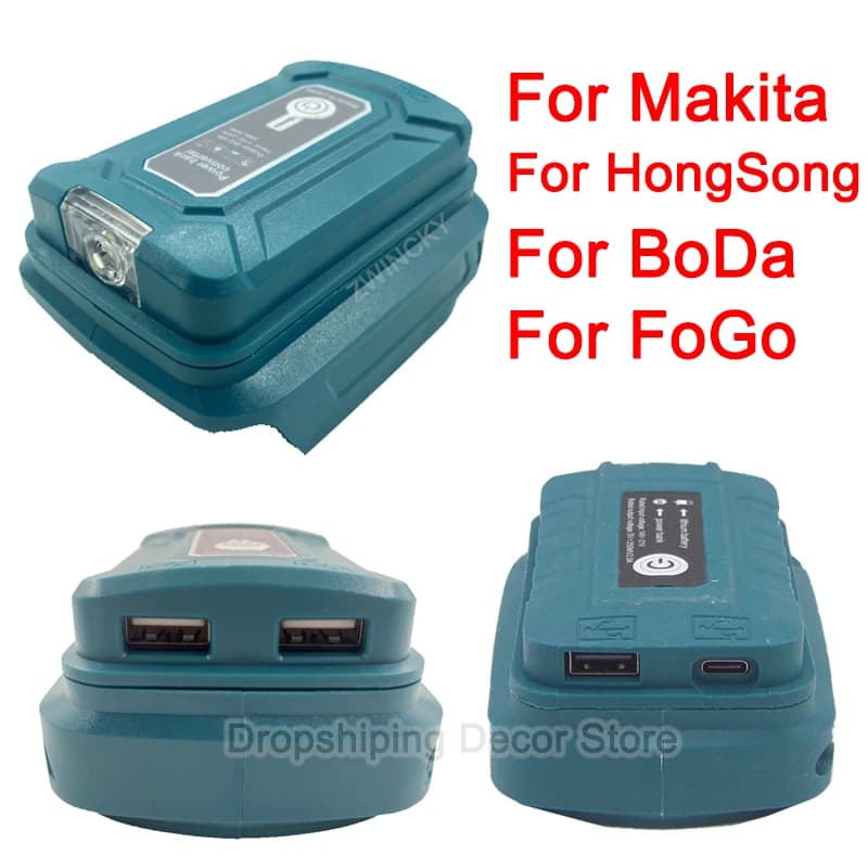 For Makita/HongSong/BoDa/FoGo 18V Li-ion Battery Adapter With LED Lamp Flashlight Dual USB Type C Mobile Phone Charger