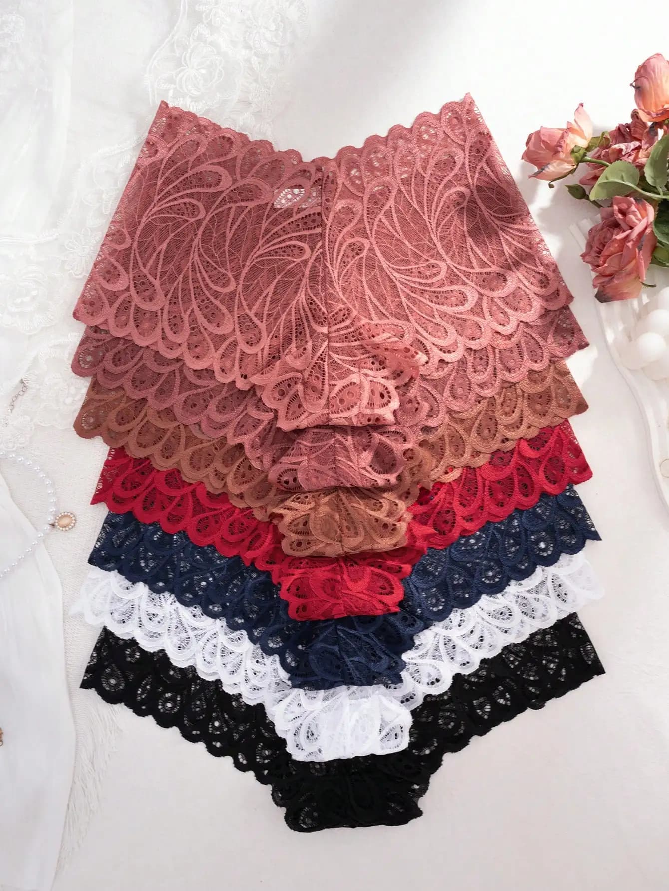 7Pcs Women Peacock Feather Hollow Lace Boy Shorts Wide Elastic Waist Anti-Ride Safety Underwear Anti-Chafing Under Skirt Panties