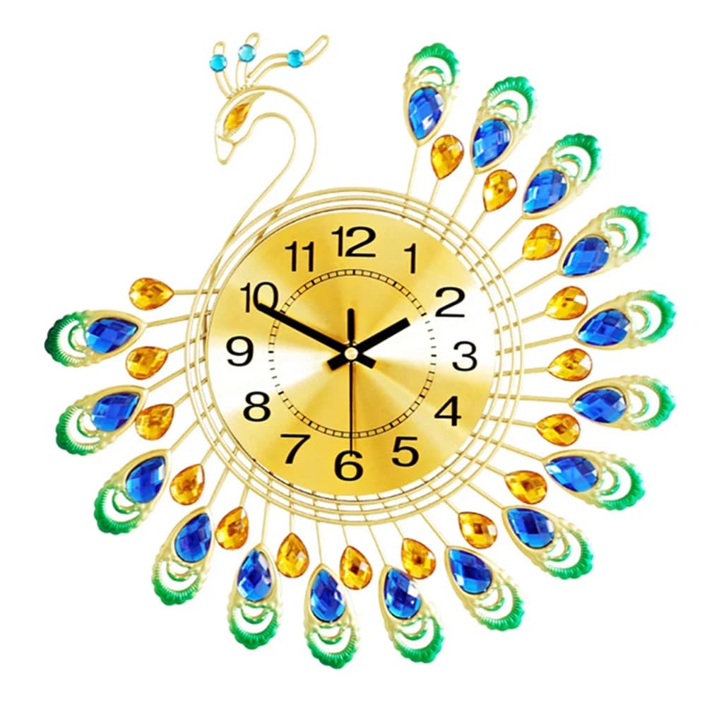 Orologio da parete moderno con pavone, design accattivante in metallo con accenti acrilici scintillanti, perfetto per qualsiasi stanza