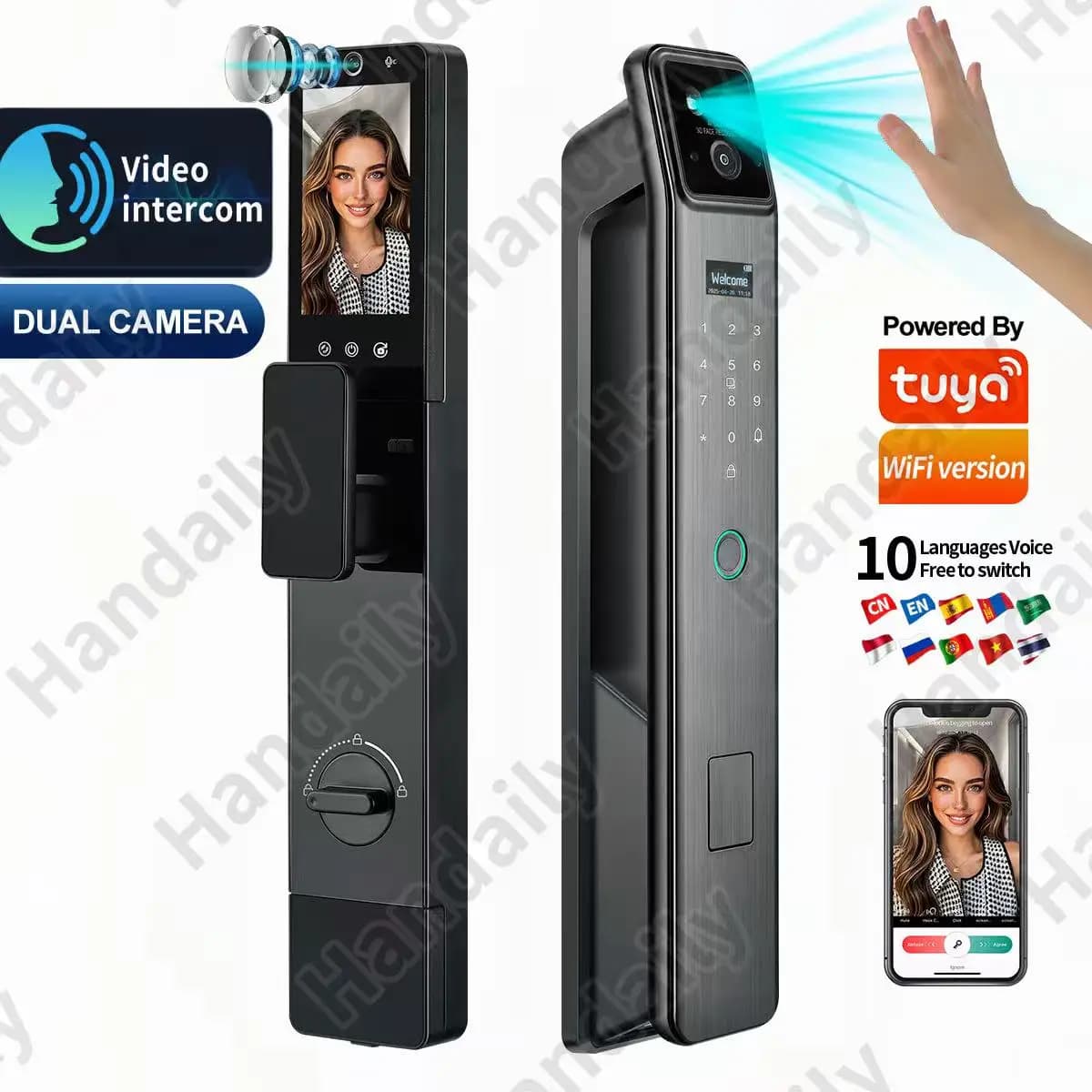 Smart Lock Tuya di fabbrica con 2 telecamere Scheda di riconoscimento facciale 3D vocale russo Sblocco con impronta digitale per porta principale