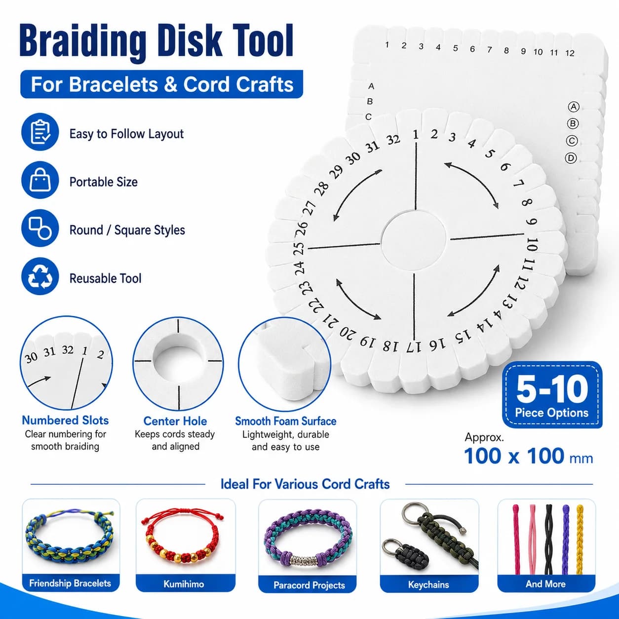 Braiding Disk Round Square Knitting Beading Cord Disc Tray Braiding Braided Plate DIY Bracelet Loom Weaving Board Tool Set