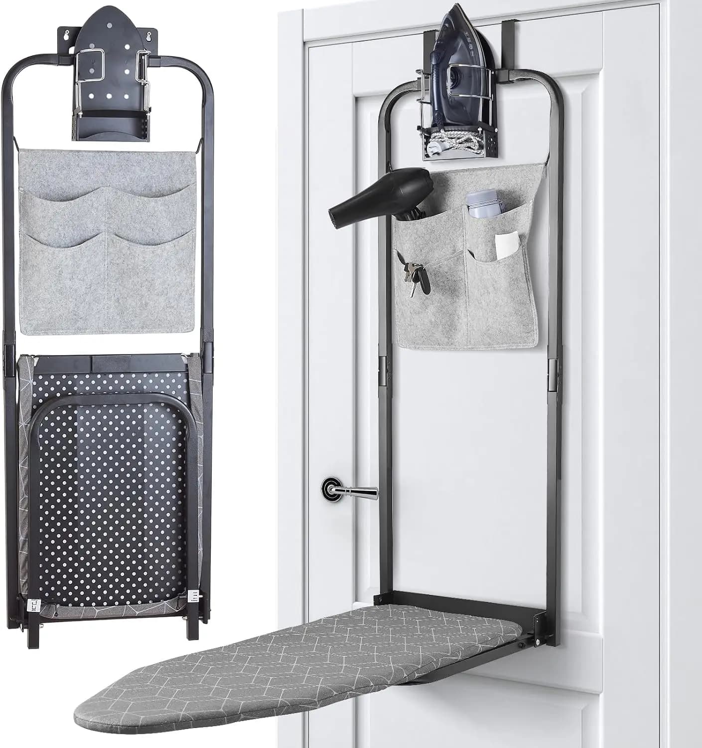 Over The Door Ironing Board With Iron Holder And Pocket Storage Bag Hanging Wall Mounted Foldable Ironing Board For Home Laundry Room 14x42 Inches