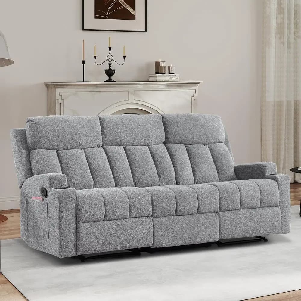 Divano Reclinabile a 3 Posti con Tasche Laterali e Portabicchieri, Poggiapiedi Regolabile per Soggiorno/Home Theater, Grigio Chiaro