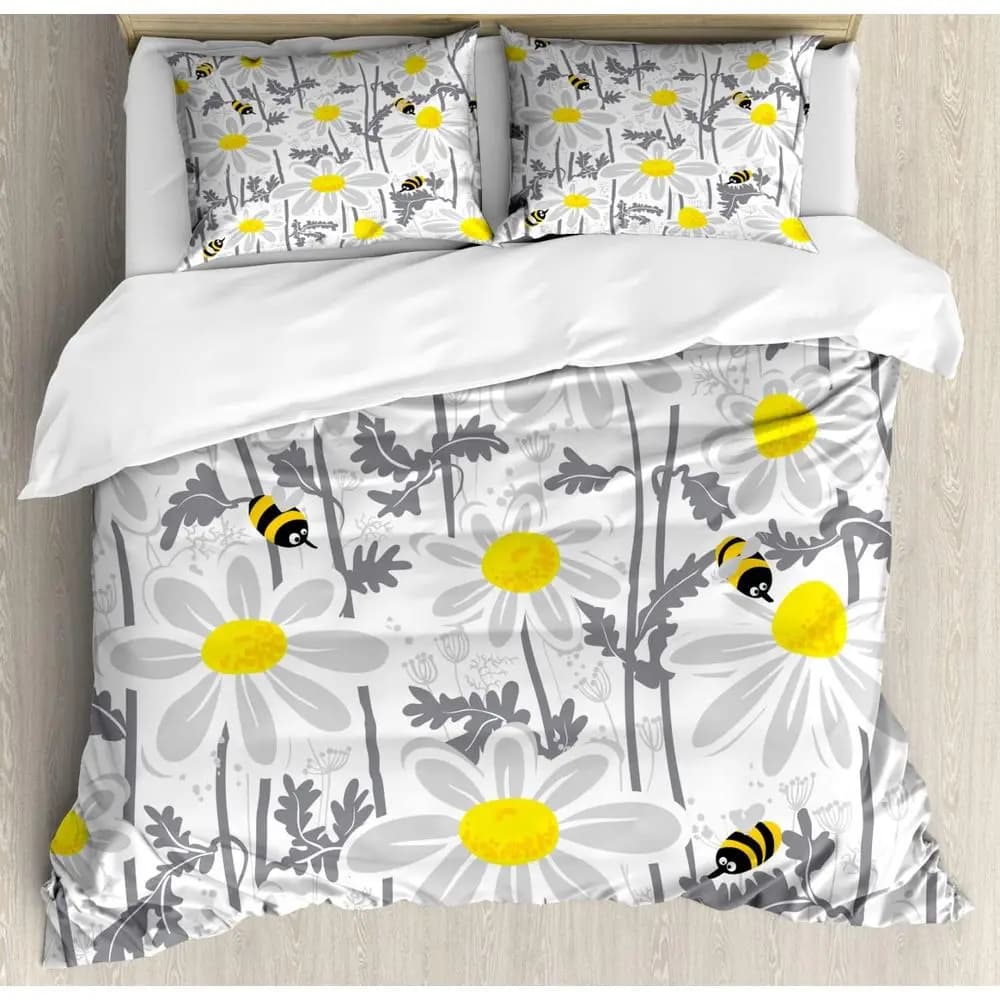 Set Copripiumino Spring Blossom, 2 Pezzi Misura Queen con 4 Federe, Giallo e Bianco