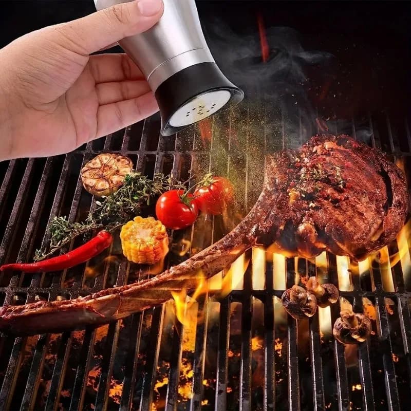 Shaker per condimenti in acciaio inossidabile Sale e pepe Dispenser per spezie con fondo in vetro Shaker per pepe Shaker per condimenti Set per barbecue con sale