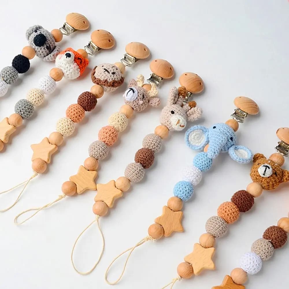 Clip per ciuccio in legno per bambini Catena per ciuccio per bambini Cinghie per massaggiagengive per bambini Clip per porta ciuccio Clip per ciuccio per animali all'uncinetto