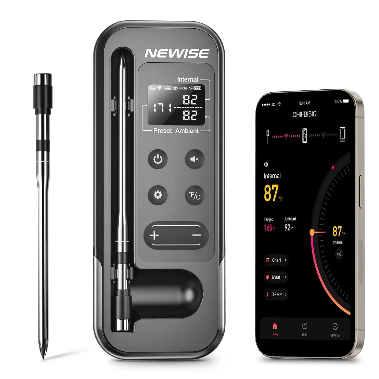 Smart Bluetooth Meat Thermometer: 800FT Range, Rechargeable Probe, Digital Food Thermometer for BBQ, Oven & Grill, Perfect Gift for Dad