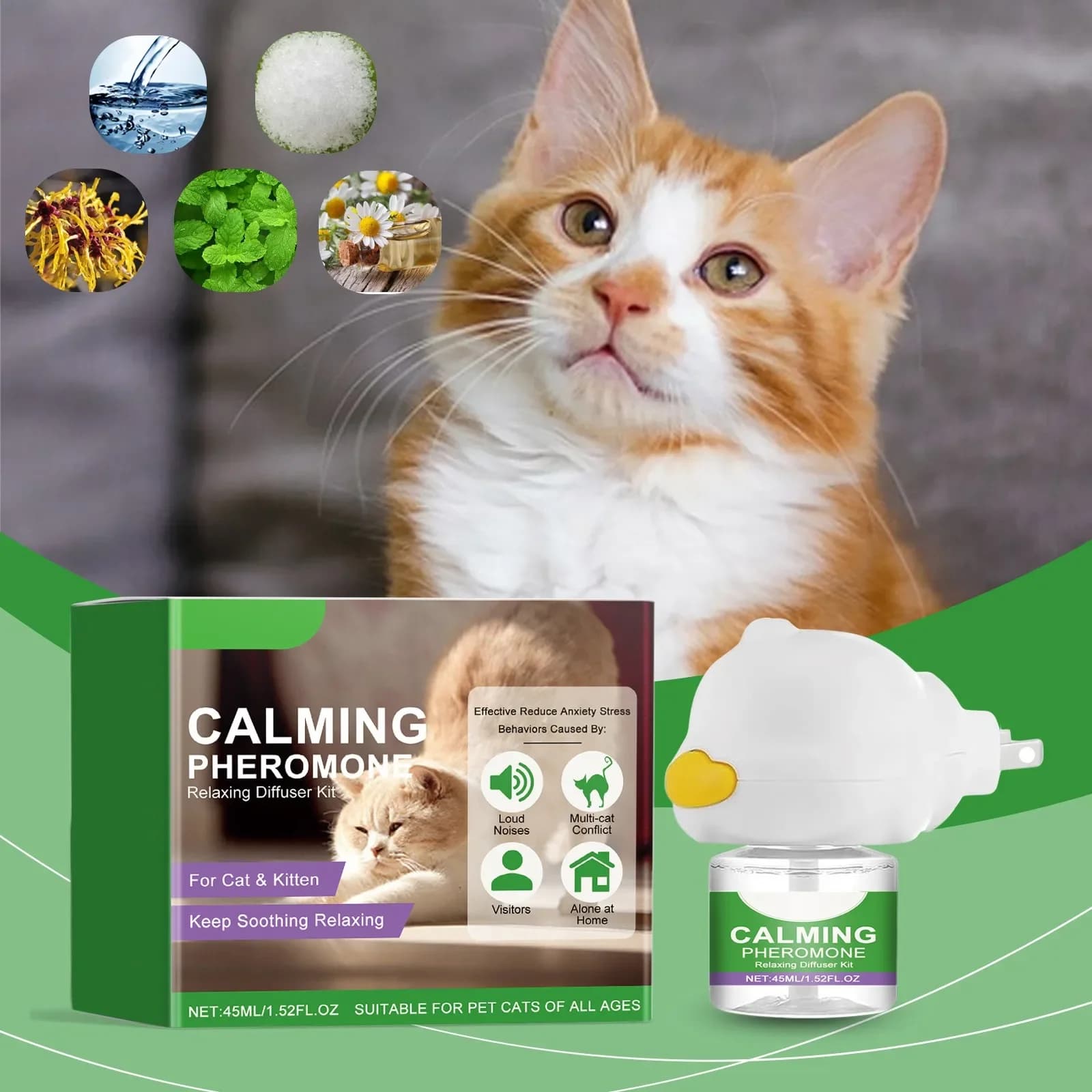 Diffuser soothing with cat pheromone, effectively relieves anxiety, stress, soothing without irritation, delicate ingredients, 45 ml