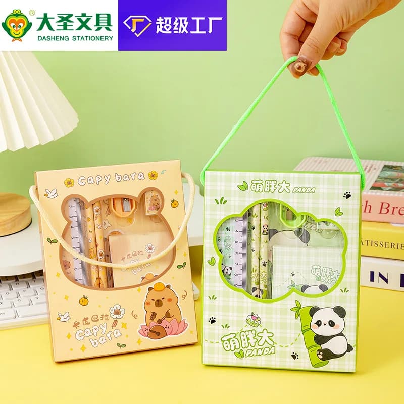Back to School Stationery Set for Kids 6 Piece Gift Box with Pencil Case Pens Pencils Eraser Sharpener Ruler for Elementary