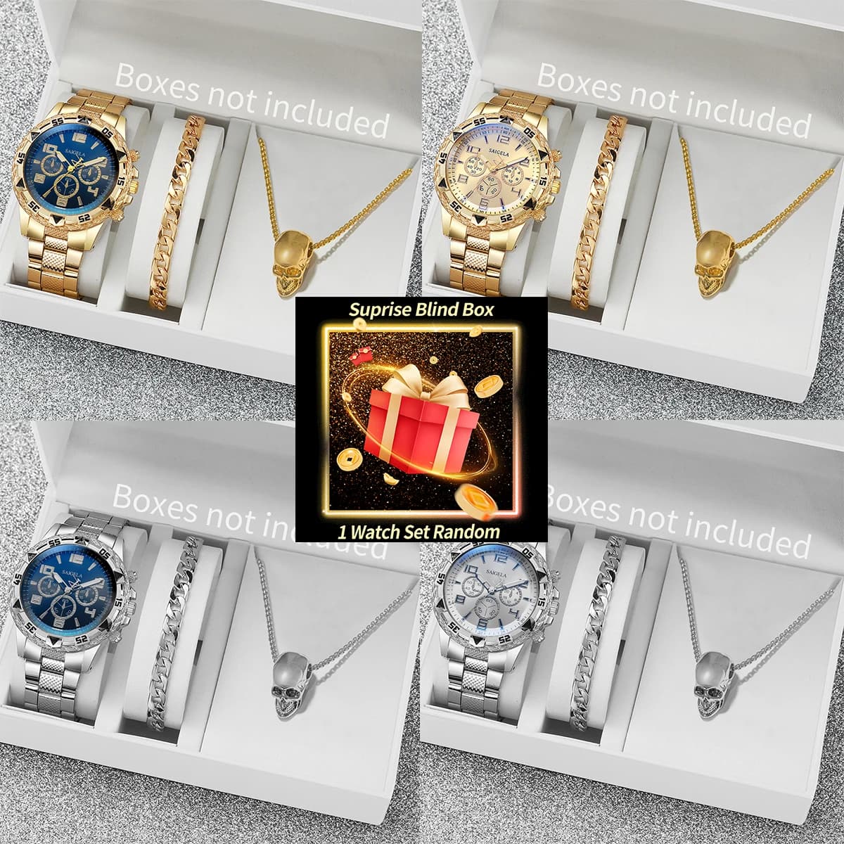 Surprise Mysterious Watch Set Blind Box-3 pieces/set Business Men's Watches Jewelry Set with Quartz Watch with Fashion Steel Strap (No Box)