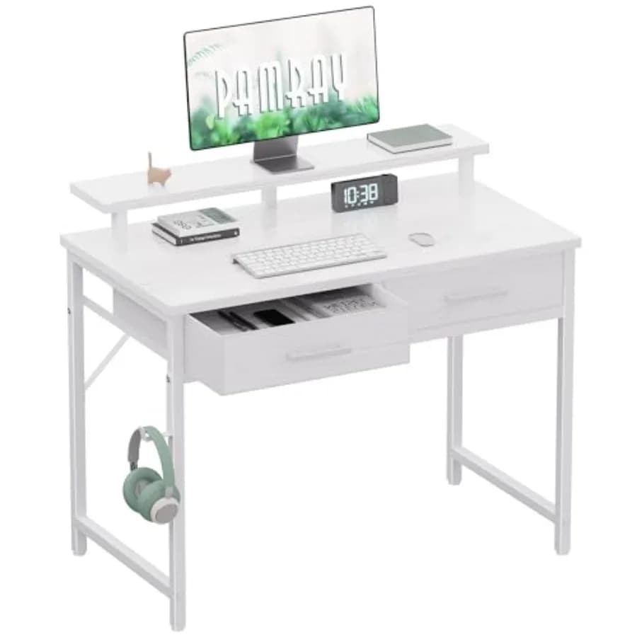 Scrivania per Computer da 32 Pollici con Supporto Monitor, Tavolo da Ufficio Domestico con 2 Cassetti per Camera da Letto, Studio, Scrittura e Lavoro