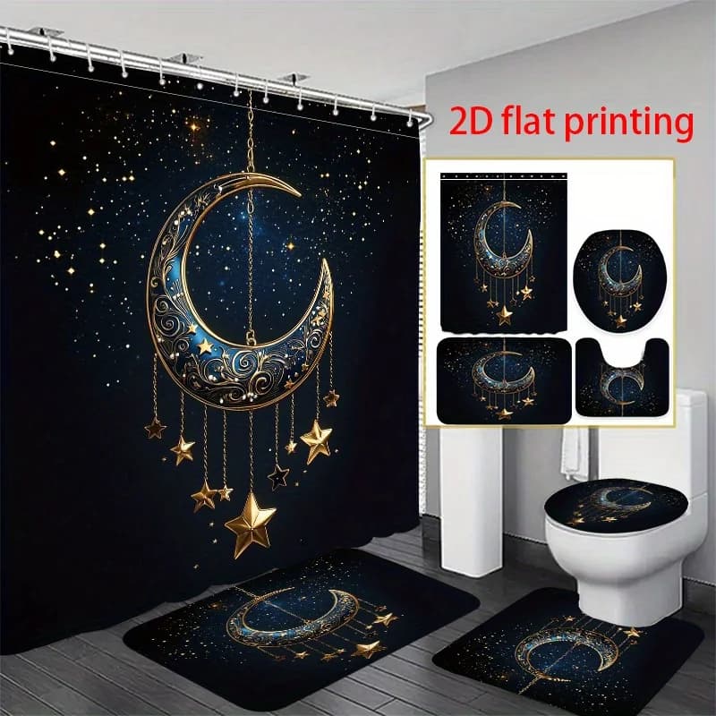 Set di tende da doccia con tenda Hower con stampa piatta 4 pezzi 2D. Il ornamento della luna celeste e delle stelle. imposta per decorare la tua toilette