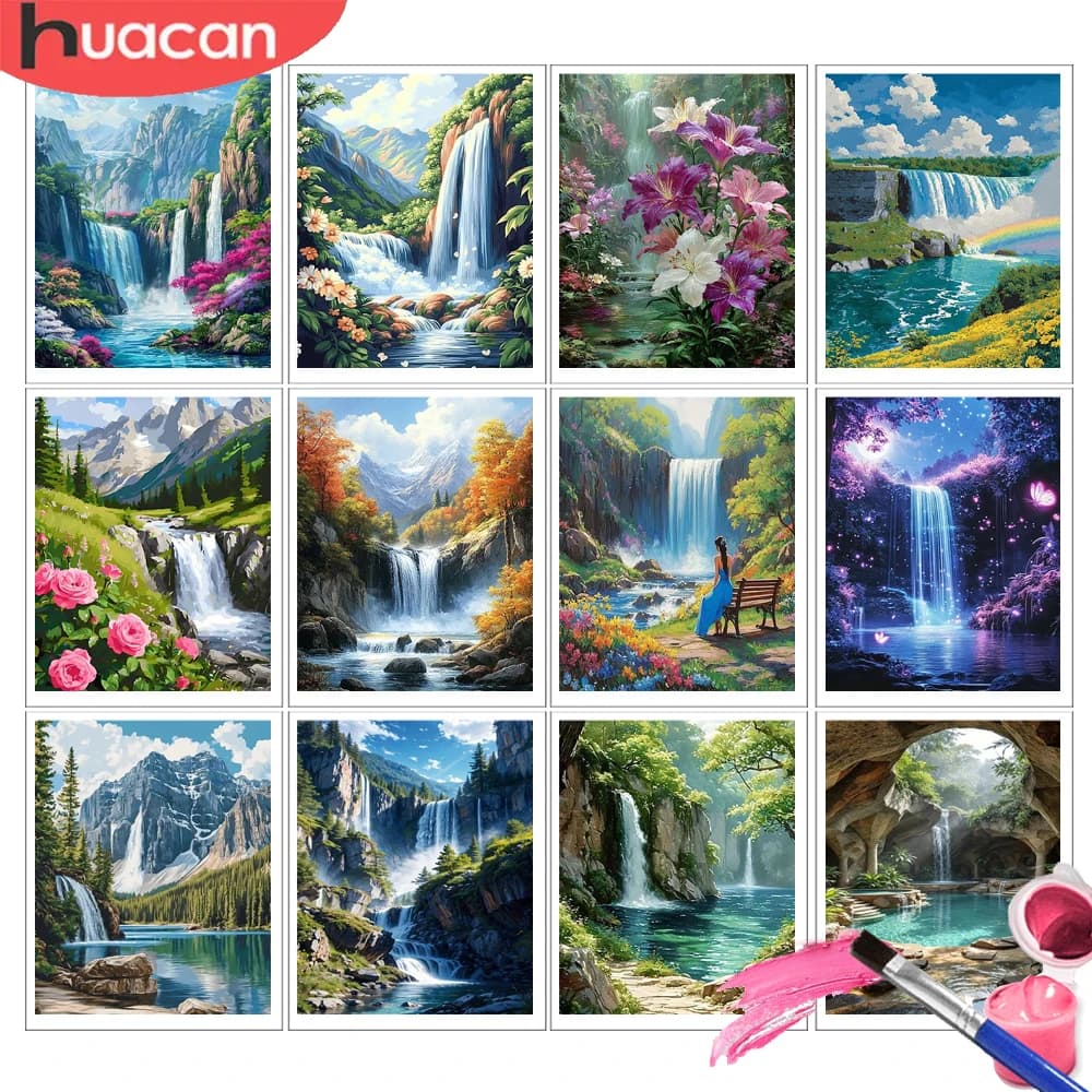 HUACAN Painting By Numbers Adults Waterfall Landscape Oil Paint Colorful Canvas Paint On The Wall Nature Forest Mountain