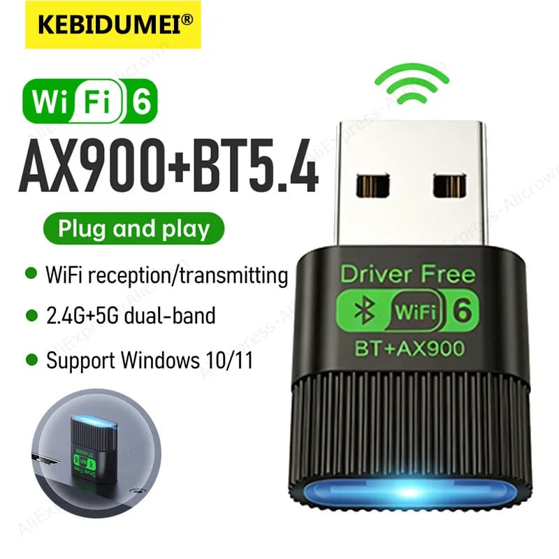 KEBIDUMEI 2IN1 WIFI6 AX900 Scheda di rete USB WiFi Adattatore wireless Bluetooth 5.4 Dual Band 2.4/5GHz Ricevitore da 900Mbps per Win10/11