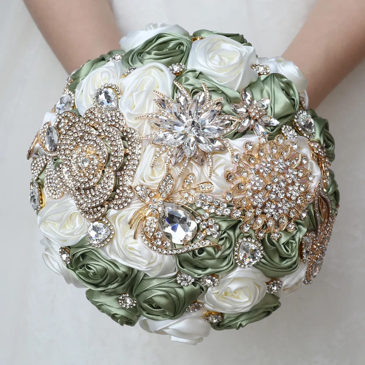 Yannew Luxury Sage Green Bridal Wedding Bouquet with Rhinestones for Bride Bridesmaid Handmade Satin Rose Quinceanera Bouquets