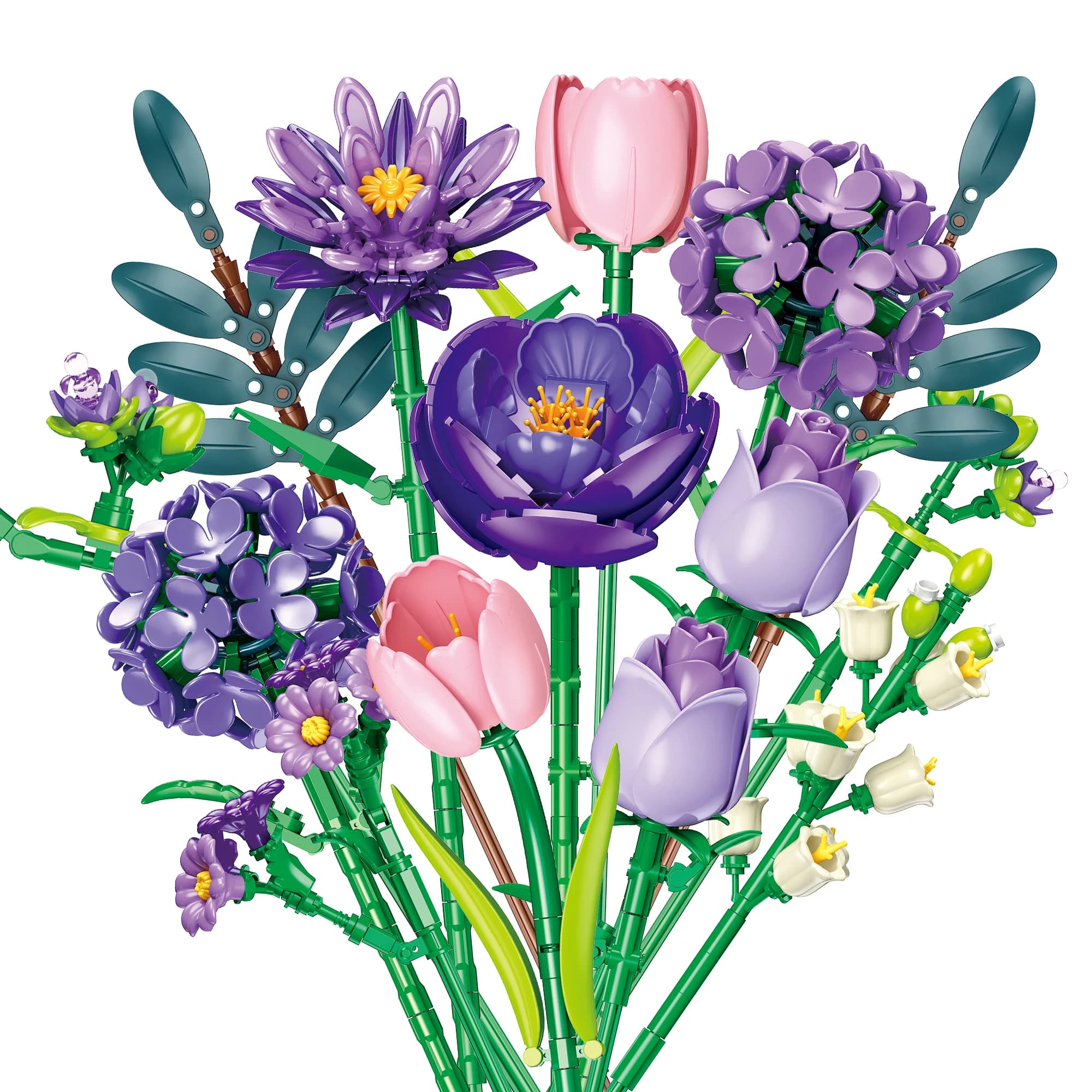 Set di blocchi da costruzione per coppia bouquet viola da 624 pezzi, modelli di fiori creativi, elegante arredamento per la scrivania di casa per le donne, regalo creativo per hobby