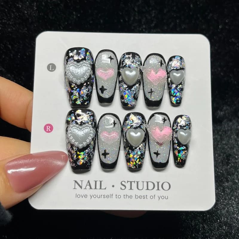 10PCS Gothic Black Press on Nails 3D Heart with Pearl Handmade Nail Tips Glamorous Glitter Sequin Star Fake Nails Art Sweet Cool