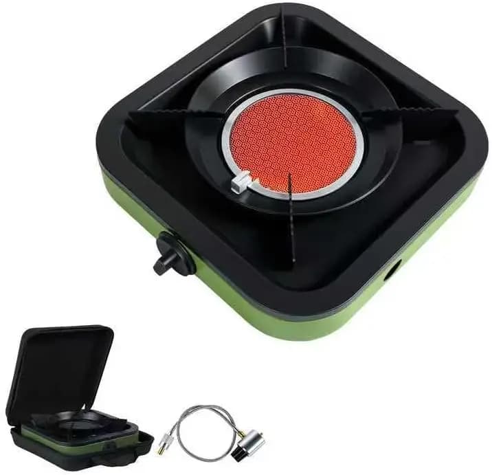 Fornello a Propano Compatto a Singolo Bruciatore con Borsa per il Trasporto, Paravento e Tubo Flessibile per Campeggio, Tailgating, Pesca, Caccia