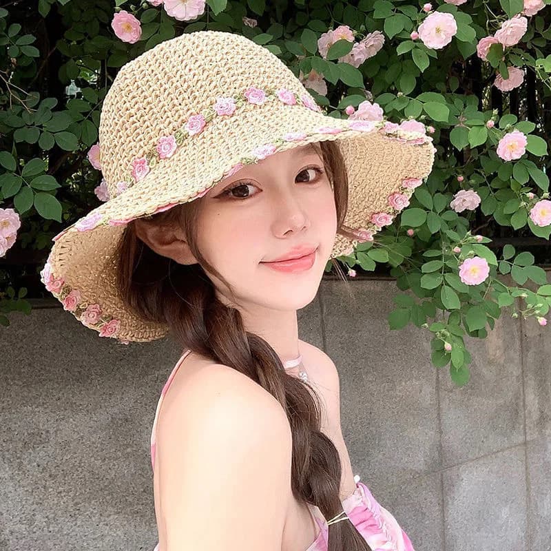 Straw Flower Straw Hat Summer Seaside Vacation Beach Foldable Sunshade Sunscreen Hat