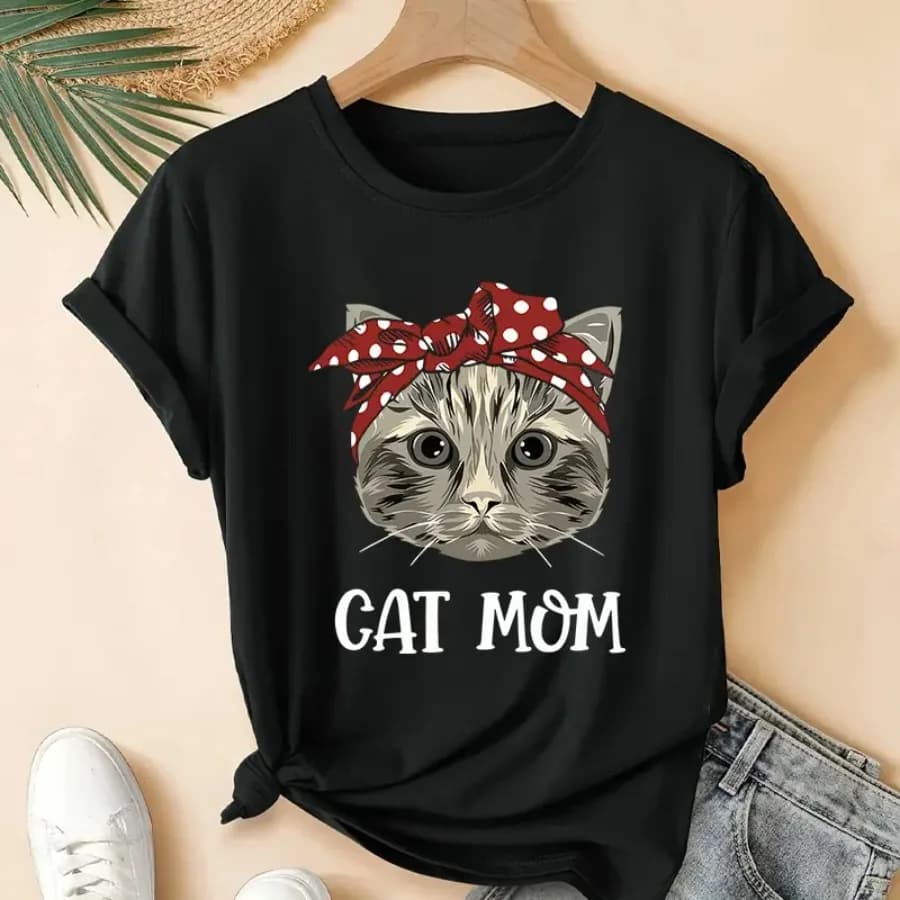 T-shirt grafica da donna con stampa “Cat Mom” - Casual, girocollo, manica corta, leggera e traspirante, in poliestere, lavabile in lavatrice - Perfetta