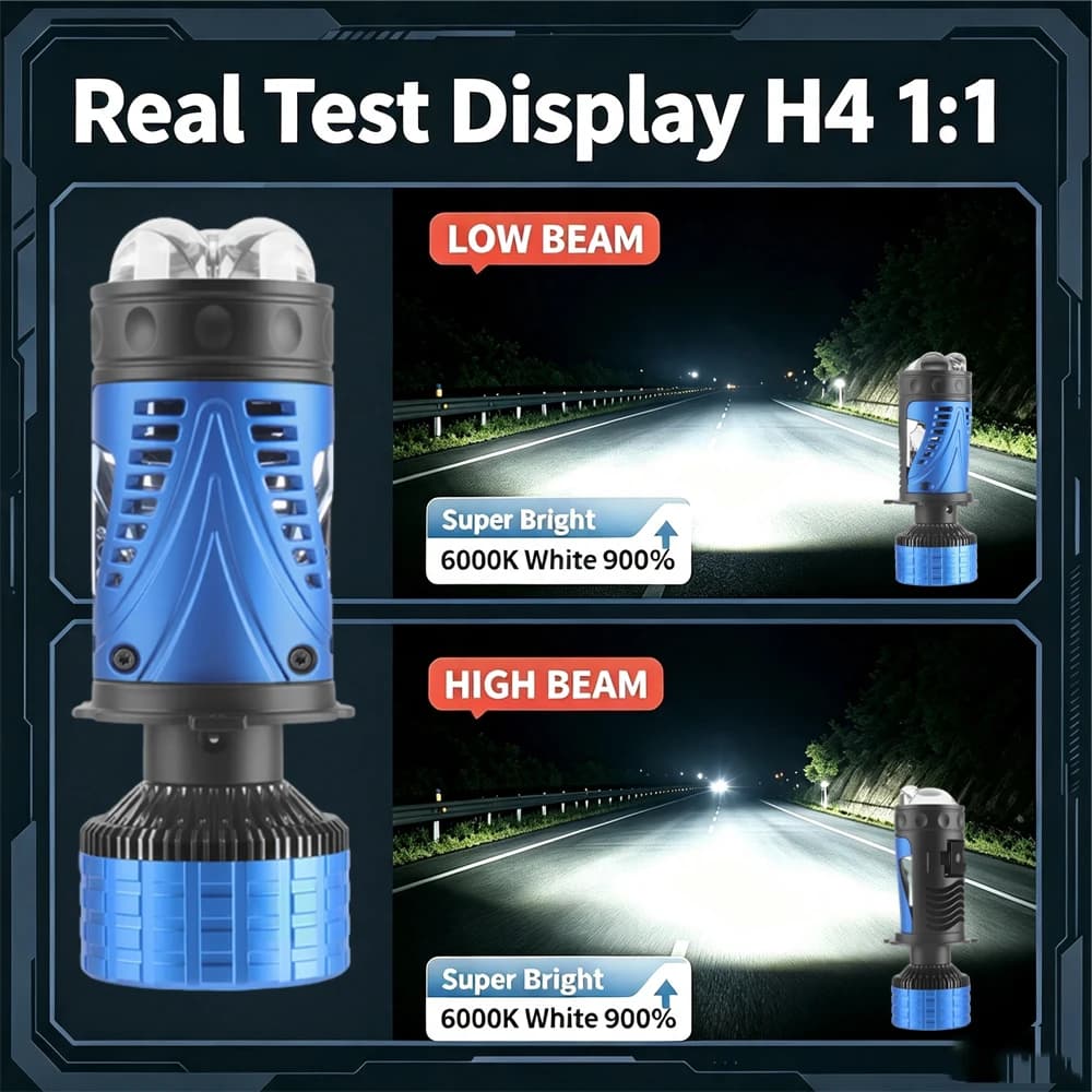 H4 Mini Projector Led Triple Hyperboloid Lens Headlight Bulbs CANBUS 6500K Low High Beam Lighs for Car Motorcycle Plug and Play