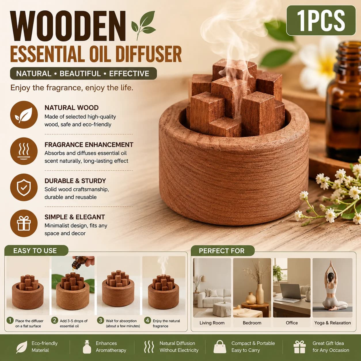 `Eco‑Friendly Beech Wood Fireless Aromatherapy Diffuser Bottle, Home Perfume Scent Decor for Bathroom Kitchen Bedroom`