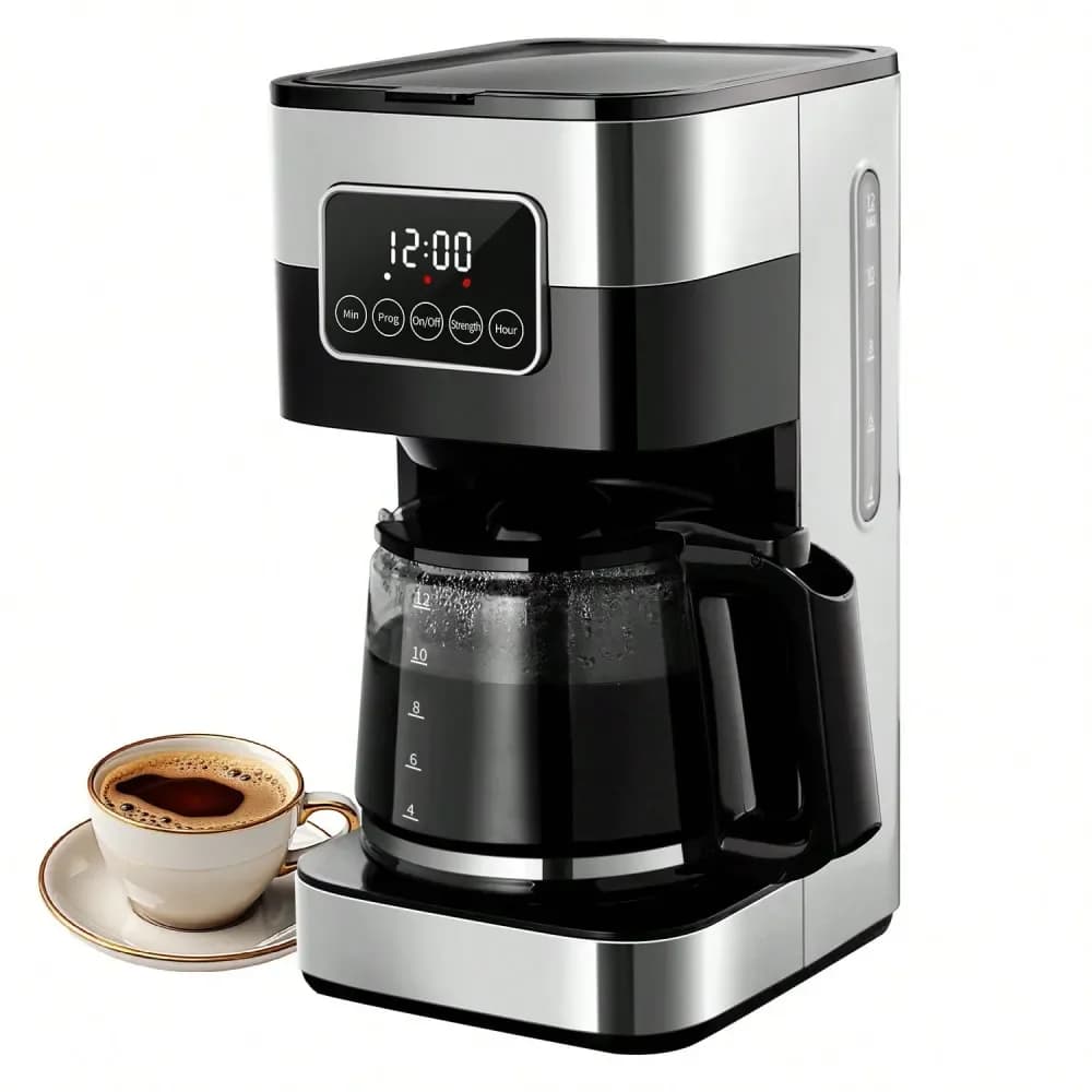 Machine for American programmable coffee maker, 10 cups, with touchscreen, pause function, 430 stainless steel, black.