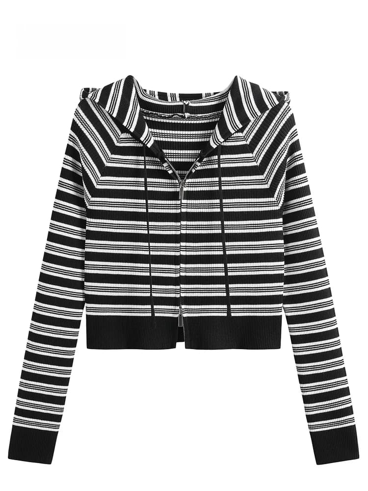 JZZDEMM Women's Zipper Hoodie Summer Slim Fit Short Top Trendy Striped Outerwear Cardigan Style Commute Retro Fiber Blend
