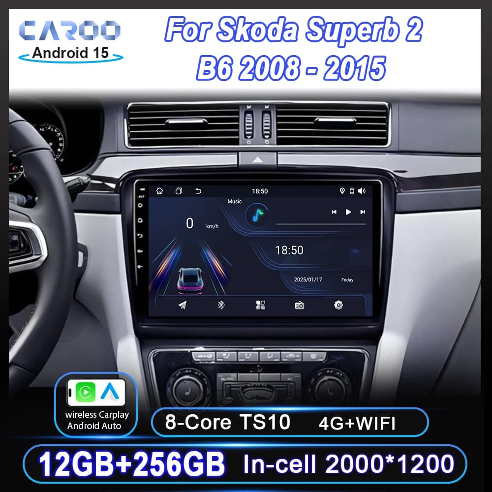 Car Android 15 Radio Stereo For Skoda Superb 2 B6 2008 - 2015 Auto Multimidia Video Player QLED Touch Screen Carplay NO 2DIN DVD