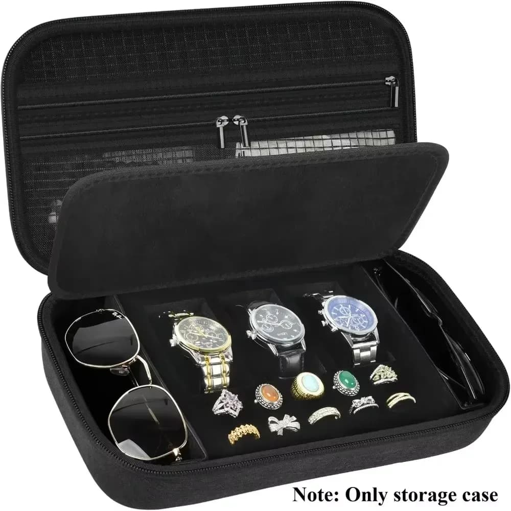 (Only case) Organizing jewelry box for watch cases, Travel display with 3 watch compartments, 2 eyeglass slots, 10 rings