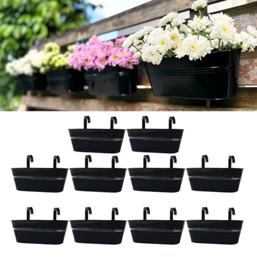 LaLaGreen Fioriere da Esterno per Ringhiere, 16 Pollici, Confezione da 10, Vasi da Fiori Sospesi in Metallo Nero per Ringhiere di Terrazze, Recinzioni, Balconi, Moderni B