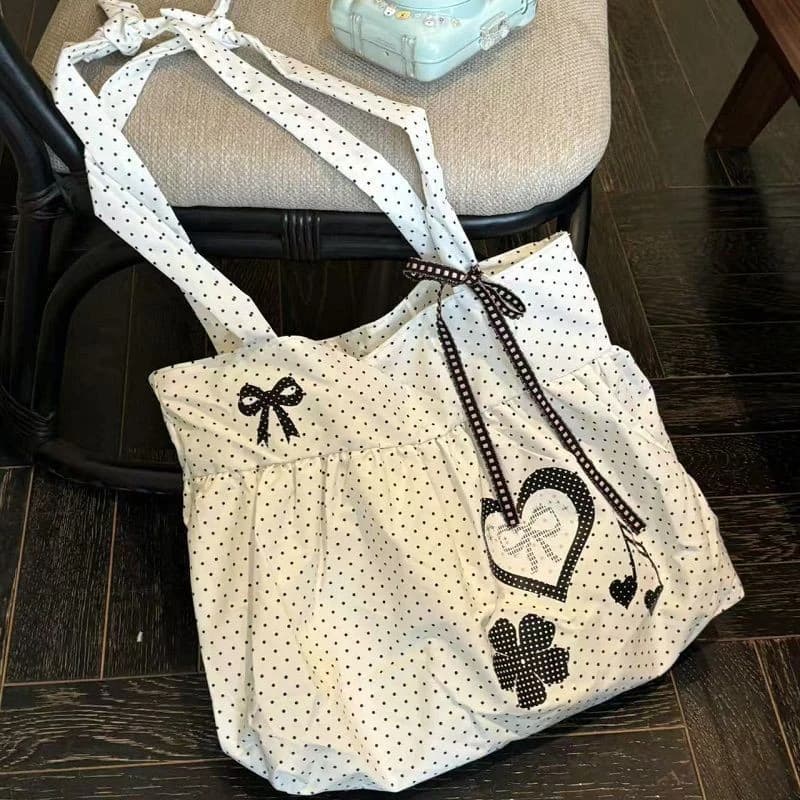 Korean Polka Dot Shoulder Bag Women's Nylon Tote Bag Cute Bow Love Note Printed Tote Bag Skirt Design Magnetic Buckle Armpit Bag