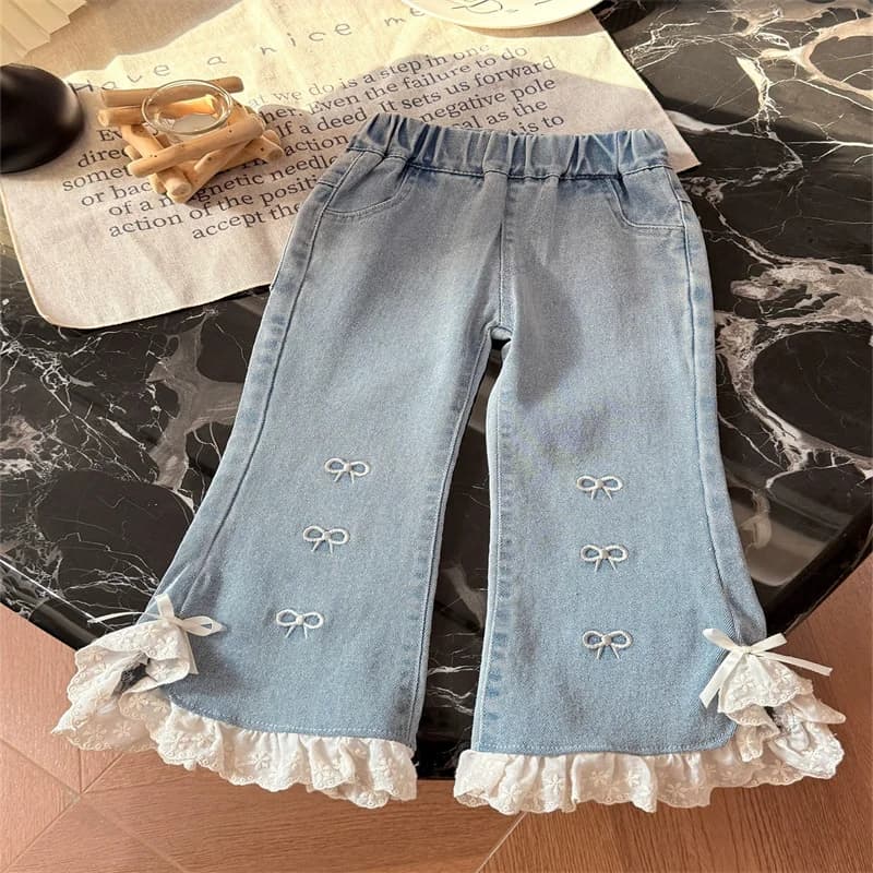 Nuovi Jeans Estivi per Bambine con Fiocco, Pantaloni Casual Alla Moda per Bambini, Abbigliamento Trendy con Stampa, Pantaloni con Elastico in Vita per Bimbe 2-8 Anni