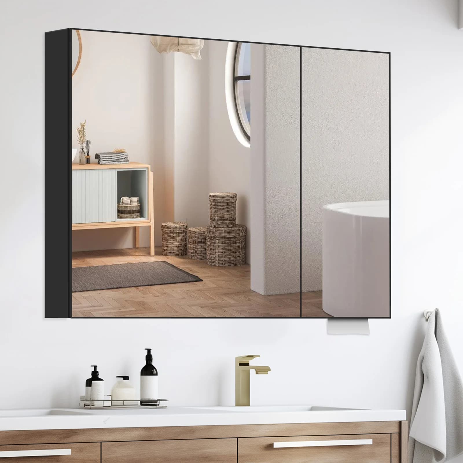 80x60cm Bathroom Medicine Cabinet with Mirror, 2 Door Wall Mounted Storage Cabinet, Black Bathroom Organizer with Shelves, Modern Vanity Cabinet