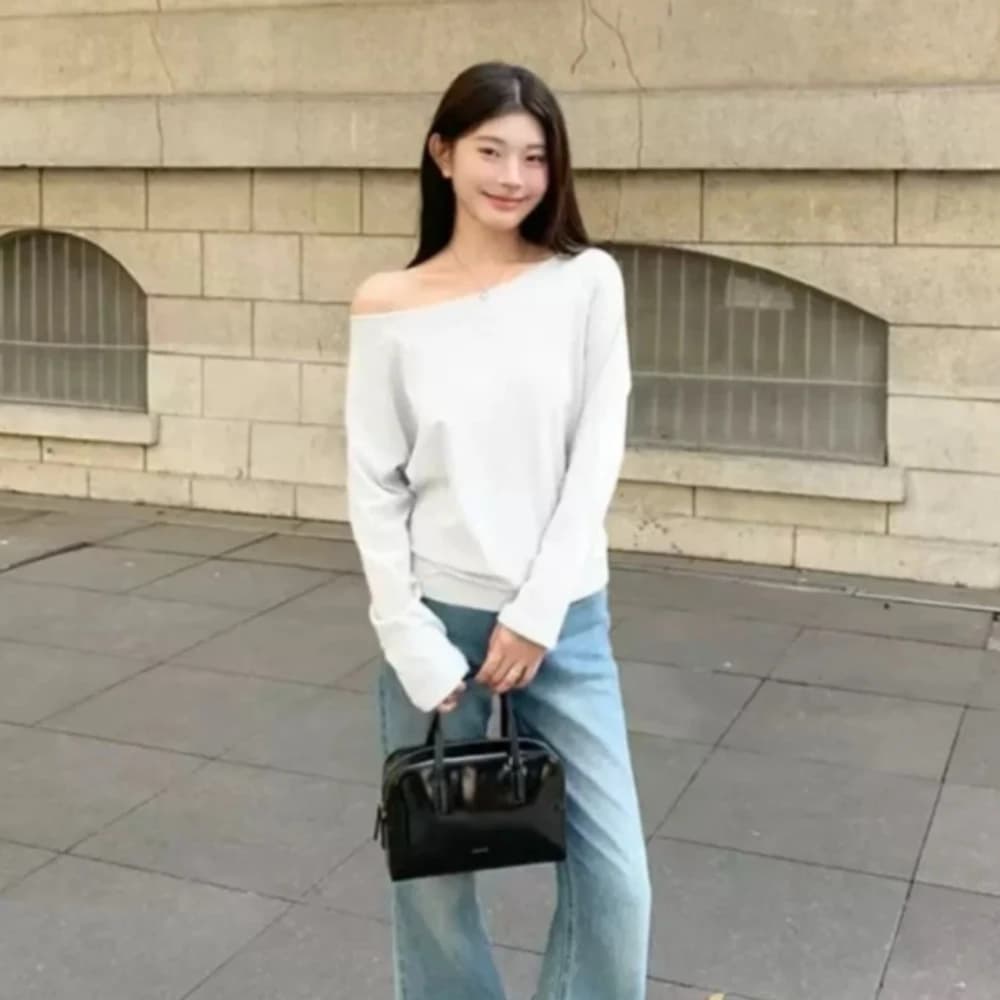 Oversized Off Shoulder Long Sleeve T-Shirt Women Solid Casual Tops Korean Chic Lazy Blouse Spring Autumn Daily Wear Basic Tees