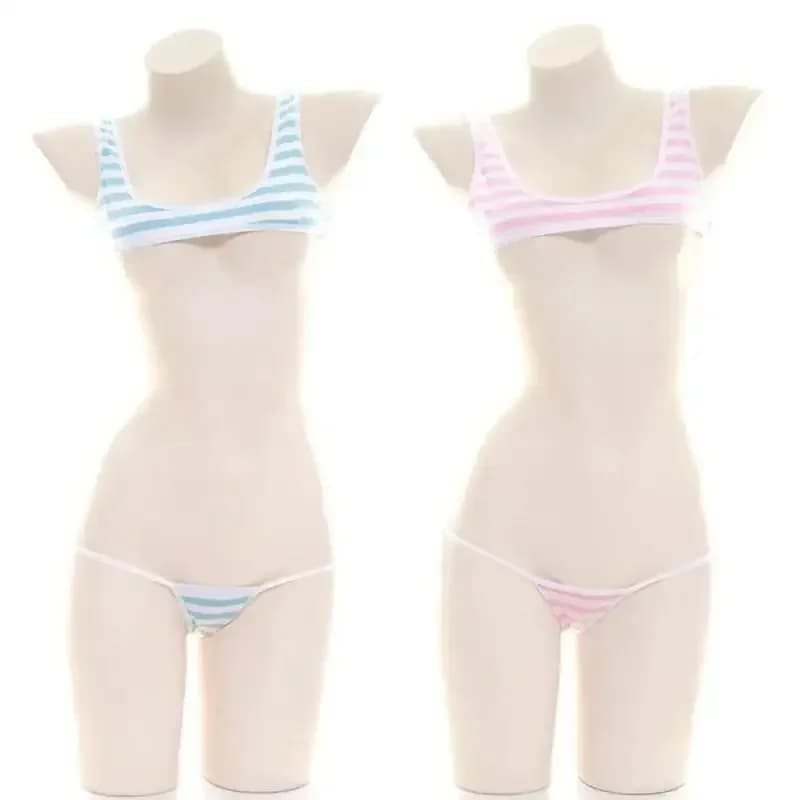 Blue White Stripe Bikini Set Women Swimsuit Striped Halter Micro Bikini Set Lolita Kawaii Swimsuit Backless String Tied Bathing