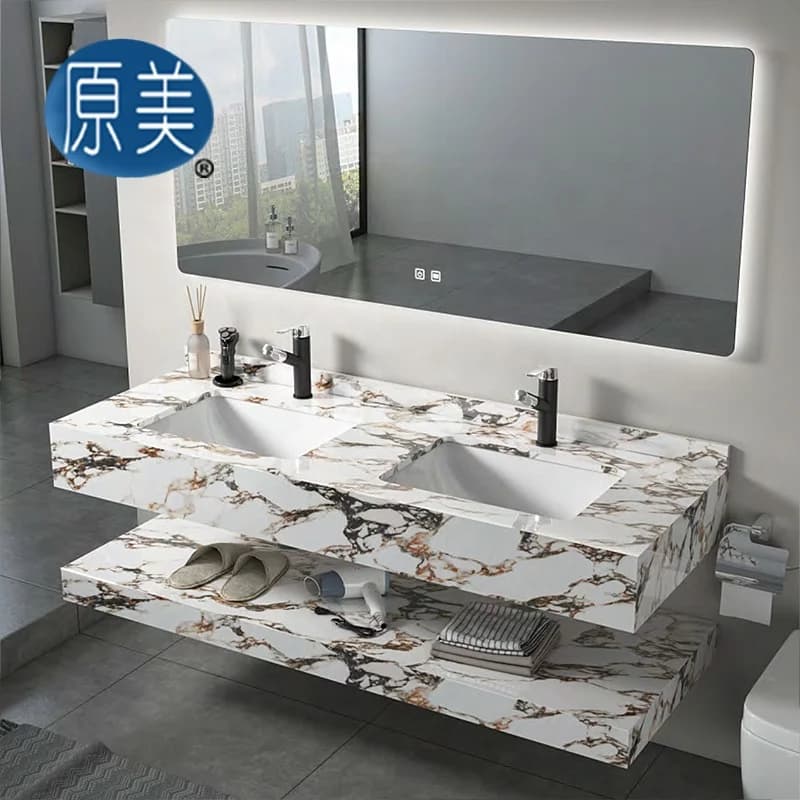 Mobile Bagno a Parete con Doppio Lavabo da 1400mm in Marmo, Doppio Strato, Lavabo in Pietra Sinterizzata, con Specchio per Hotel