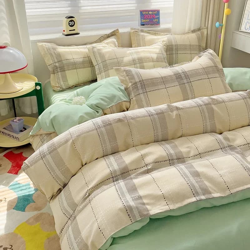 Set biancheria da letto 4 pezzi, 100% cotone, set piumino lenzuolo da 4 pezzi, set trapunta letto coppia a quadretti a righe semplici