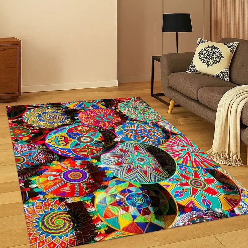 Tappeto Mandala con Fiori dell'Etiopia, Cesto Intrecciato Artistico, per Camera da Letto, Soggiorno, Divano, Sala Giochi, Zerbino, Decorazione Casa, Tappeto Antiscivolo