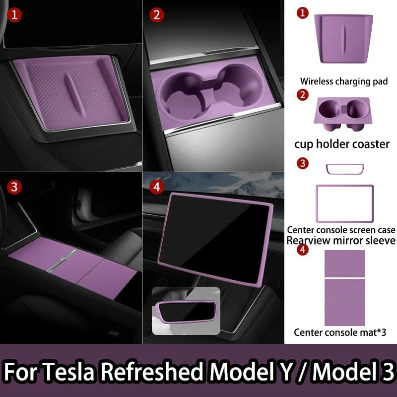 For Tesla Model Y/YL/3 Highland Center Console Wireless Charging Silicone Pad Cup Holder Mat Anti-slip purple style accessories